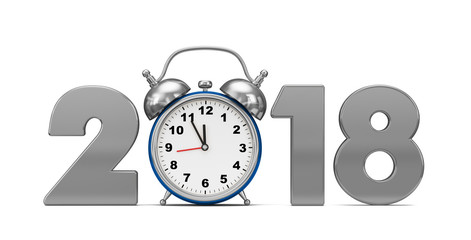 New Year 2018 metal inscription and blue alarm clock on a white background. 3d render illustration.