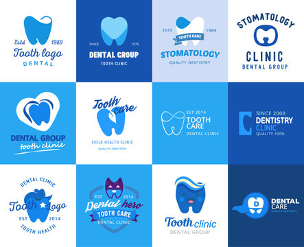 Dental tooth logo vector dentist clinic logotype toothcare icon stomatology dentistry care design set illustration isolated on white background