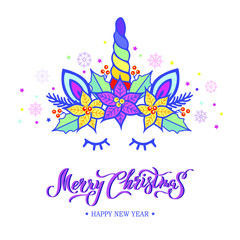 Merry Christmas card with hand drawn lettering, Unicorn Tiara with rainbow horn and Christmas star flower Poinsettia. Vector illustration isolated on white background.  Postcard, invitation motive.