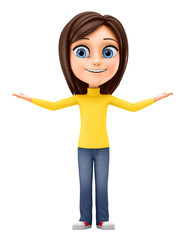 Cheerful girl hands aside on a white background. 3d rendering.