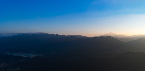 Aerial view of the mountains at sunrise. Beautiful panorama landscape. Laos.