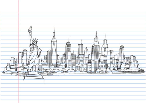 New York vector drawing,hand drawn on lined notebook paper.-vector illustration.