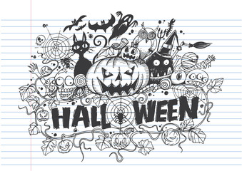 Halloween doodles of Cute hand-drawn on lined notebook paper.- vector illustration