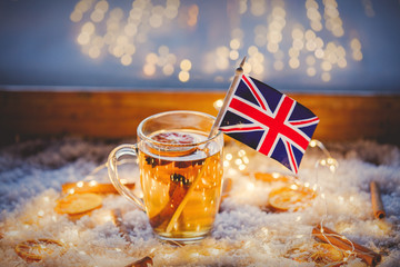 Cup of tea and flag of United Kingdom