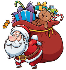 Vector Illustration of Cartoon Santa Claus holding big gift bag