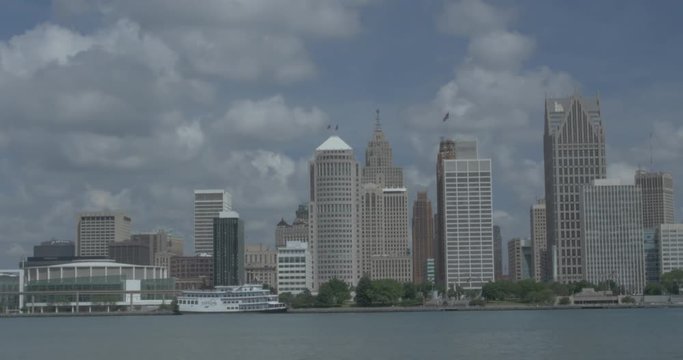 Detroit City Skyline River Pan of Downtown