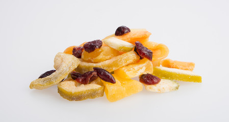 Dried fruits or assorted preserved fruits on background.