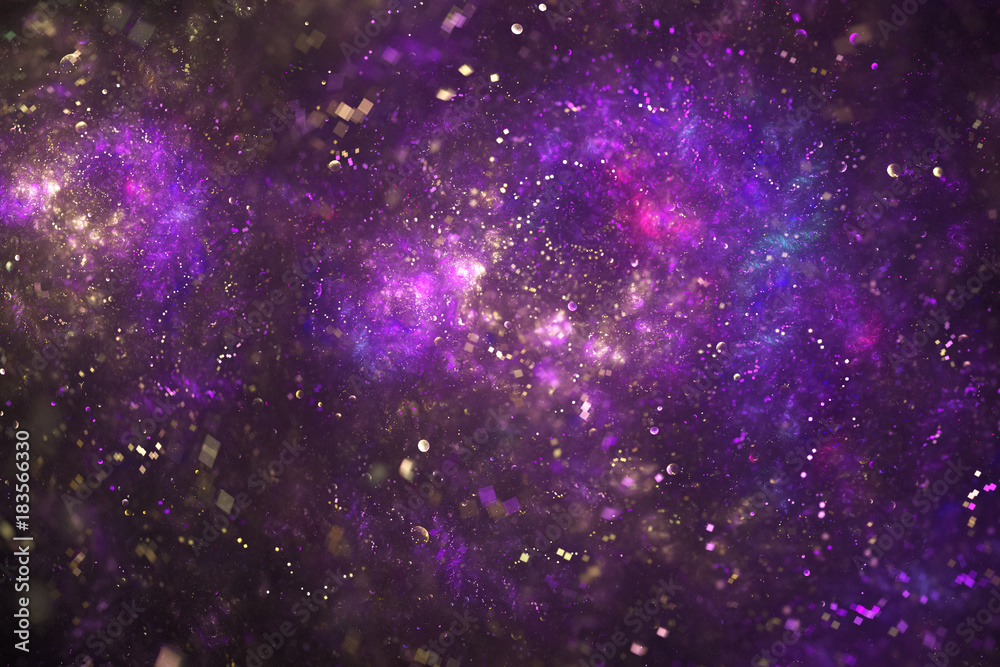 Wall mural bright galaxy. abstract blue, pink and golden sparkles on black background. fantasy fractal texture.