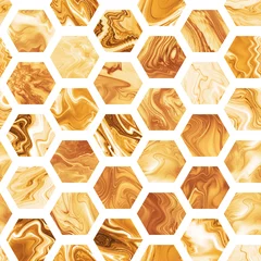  Abstract naadloos zeshoekig patroon met gouden marmeren texturen. Fantasieontwerp voor behang of stof. © Klavdiya Krinichnaya