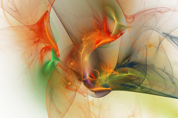 Abstract orange, yellow and green glowing smoky shapes. Fantasy fractal background. Digital art. 3D rendering.