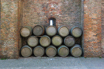 Wine barrel stack against castle wall