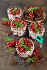 Chocolate dessert with red currant