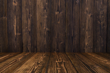 Dark wood background wall and floor. wooden texture for put product on top.