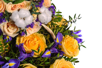 beautiful bouquet of roses in basket isolated on white