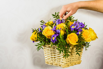 basket with yellow roses in a man's hand