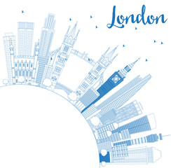 Outline London England Skyline with Blue Buildings and Copy Space.
