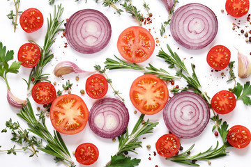 fresh vegetables and herbs on a white background - food background