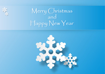 White snowflake on blue background, Christmas and Happy New Year vector illustration 3d paper art style