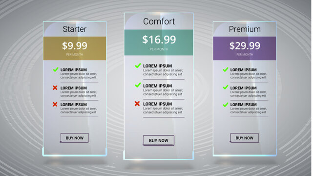 Three banners with tariffs plan. Comparison of pricing table set for business, bullet list with commercial plan. Template for prices of business product on gray background.