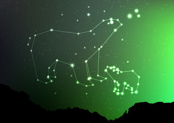 Ursa Minor and Major on nigt sky with forest landscape. Bear in shiny constellation and star poligon in northern hemisphere with Northern Lights. Starry minor and major Ursa
