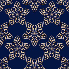 Golden floral seamless pattern on blue background