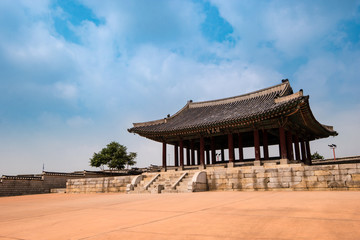 Suwon, South Korea - Yeonmudae in Hwaseong Fortress, Korea’s World Heritage. (Sign board text is "Yeonmudae" name of building)