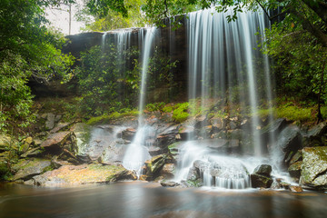 View of peaceful waterfall in the tropical rainforest, waterfall in Phu Kradueng National Park, Loei Province, Thailand