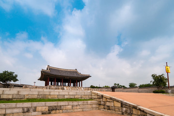 Suwon, South Korea - Yeonmudae in Hwaseong Fortress, Korea’s World Heritage. (Sign board text is "Yeonmudae" name of building)
