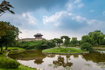Suwon, South Korea - Yongyeon Pond in Hwaseong Fortress, Korea’s World Heritage.