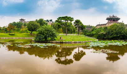 Fototapeta na wymiar Suwon, South Korea - Yongyeon Pond in Hwaseong Fortress, Korea’s World Heritage. Panorama