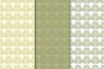 Set of  olive green floral backgrounds. Seamless patterns
