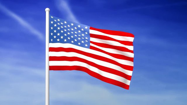 Waving flag of United States of America on the blue sky background - 3D rendered