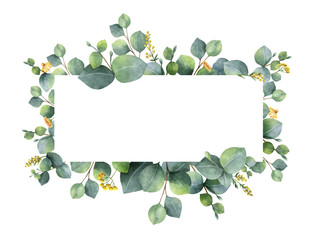 Watercolor vector wreath with green eucalyptus leaves and branches. © ElenaMedvedeva
