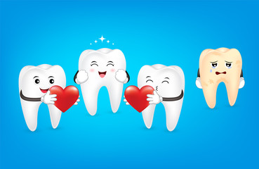Red heart for whitening tooth with background of unhealthy tooth . Dental care concept, Illustration isolated on blue background.