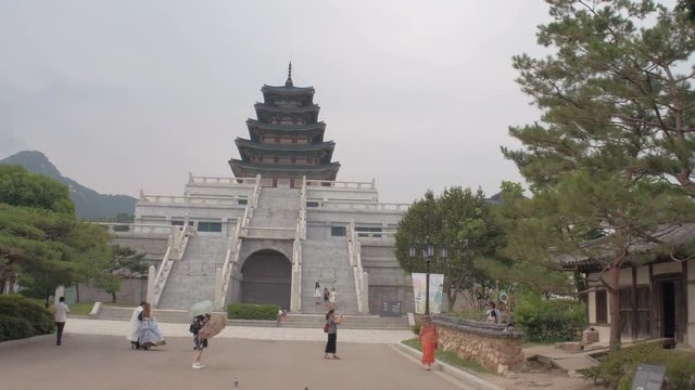 SEOUL, SOUTH KOREA &ndash; JULY 216 : Video shot of Pagoda at Gyeongbokgung Palace with people and stairs in view