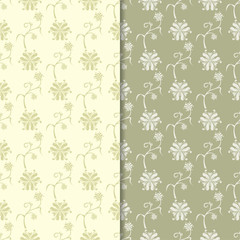 Olive green floral backgrounds. Set of seamless patterns