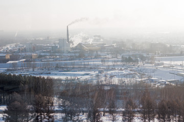 winter cityscape. Trees, wood, track, snow, industrial pipes.