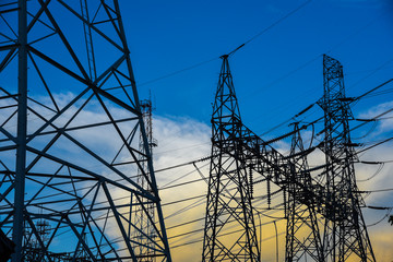electricity transmission and blue sky at dusk , Power Tower  at bangkok in thailand