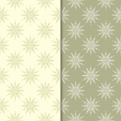 Snowflakes patterns. Set of olive green seamless backgrounds with christmas elements