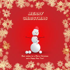 Fototapeta na wymiar Snowman in a red hat with a scarf and snowballs on a red background and snowflakes. Festive greeting card for Christmas and New Year