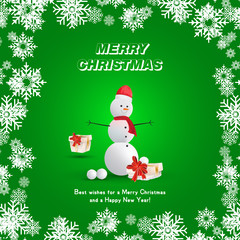 Snowman in a red hat with gifts and a scarf on a green background and snowflakes. Festive greeting card for Christmas and New Year