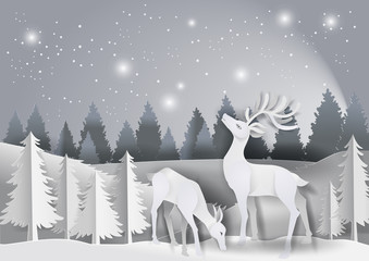 Nature landscape on snow winter background with deers family in forest concept Merry Christmas,vector paper art style