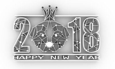 2018 new year number and symmetrical illustration of dog wearing crown made in low poly triangular style. Happy New Year text. 3D rendering