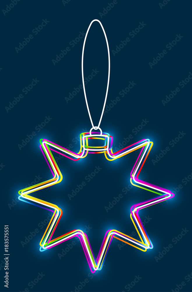 Poster Vector hanging abstract colorful Christmas ball on a string consisting of multicolored outlines with glowing light effect on dark blue background