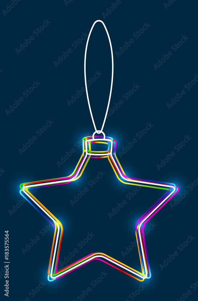 Poster Vector hanging abstract colorful Christmas ball on a string consisting of multicolored outlines with glowing light effect on dark blue background