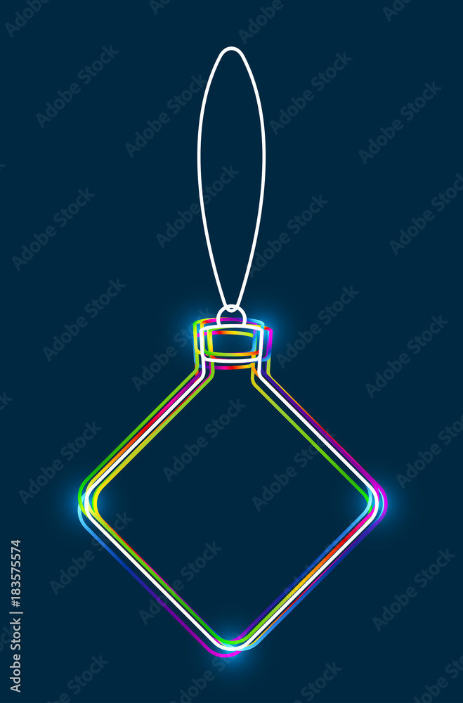 Poster Vector hanging abstract colorful Christmas ball on a string consisting of multicolored outlines with glowing light effect on dark blue background
