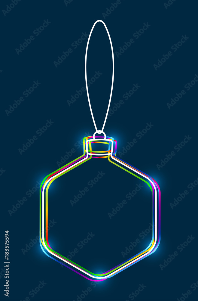 Poster Vector hanging abstract colorful Christmas ball on a string consisting of multicolored outlines with glowing light effect on dark blue background
