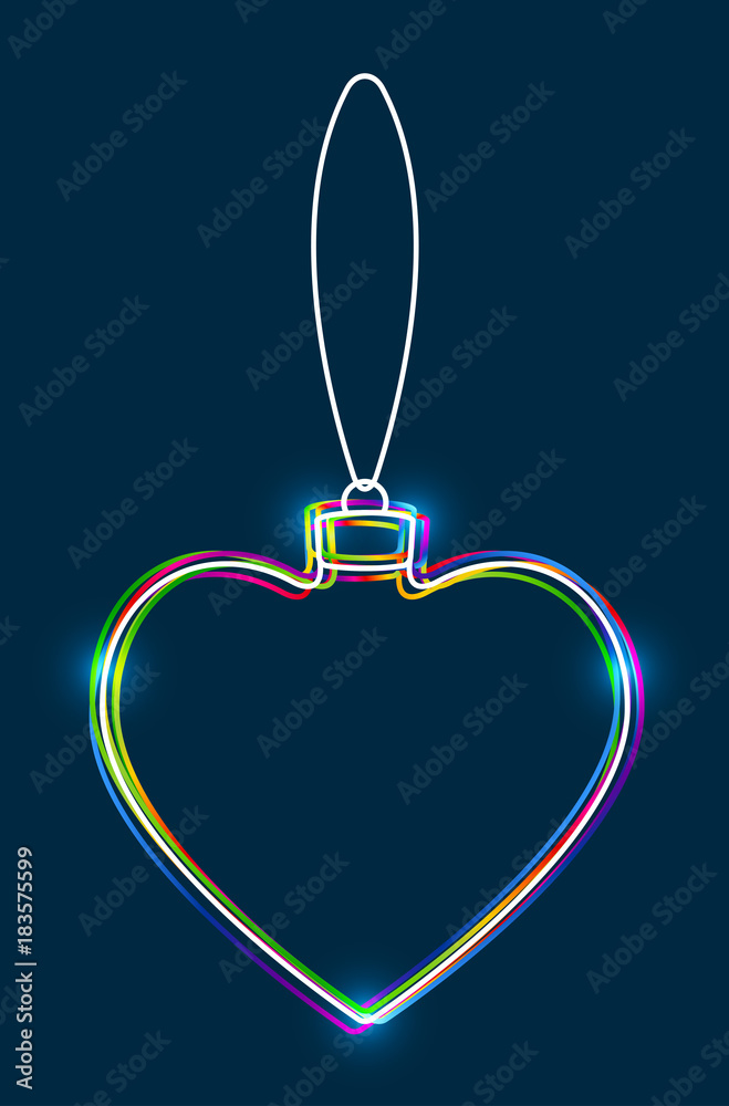 Poster Vector hanging abstract colorful Christmas ball on a string consisting of multicolored outlines with glowing light effect on dark blue background
