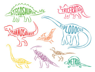 Set of colorful dinosaurs with lettering, isolated on white background, vector illustration. © nataliasheinkin