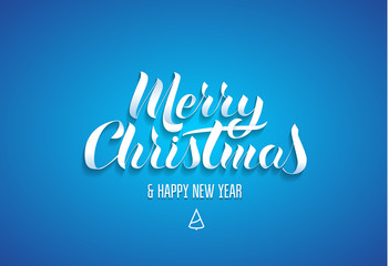 Lettering in the popular style of "Merry Christmas & Happy New Year". White paper letters with a shadow on a blue background